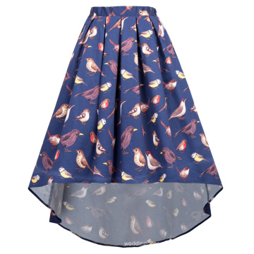 Kate Kasin Women's Birds Pattern Elastic Waist Pleated Cotton High-Low Skirt KK000805-1